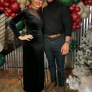 Elegant velvet Black Evening Gown with mesh top perfect for a wedding guest